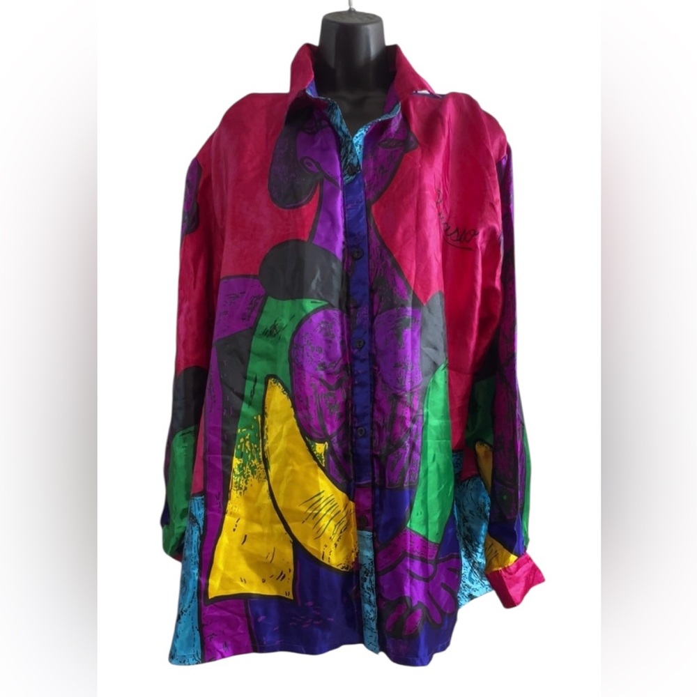 Vintage Picasso 1980s Satin Abstract Art shirt buttons up XXL MADE IN KOREA - Picture 7 of 12